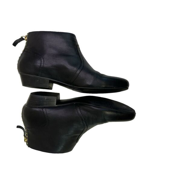 Black‎ Leather Ankle Boots with Gold Studded Heel Accent Booties - Picture 8 of 12